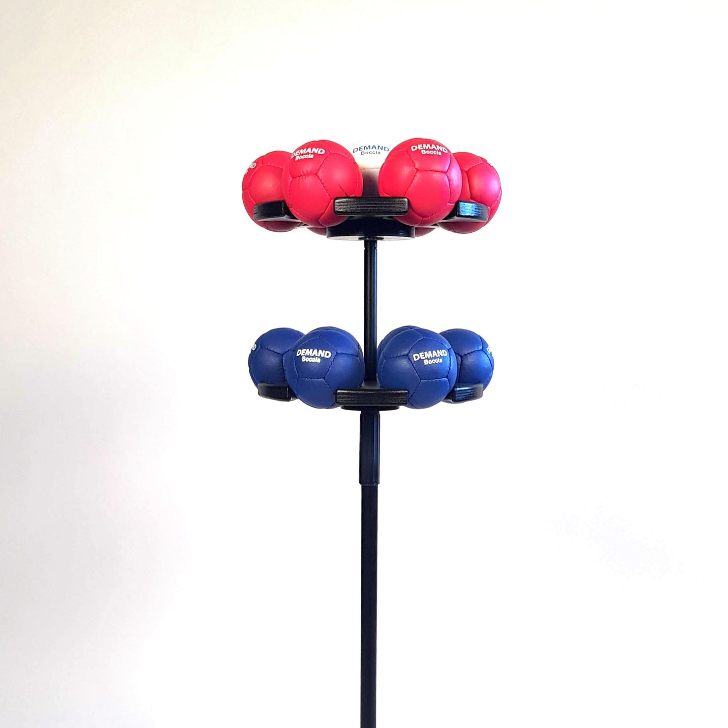 Close up side view of boccia ball stand with 13 balls at low height setting