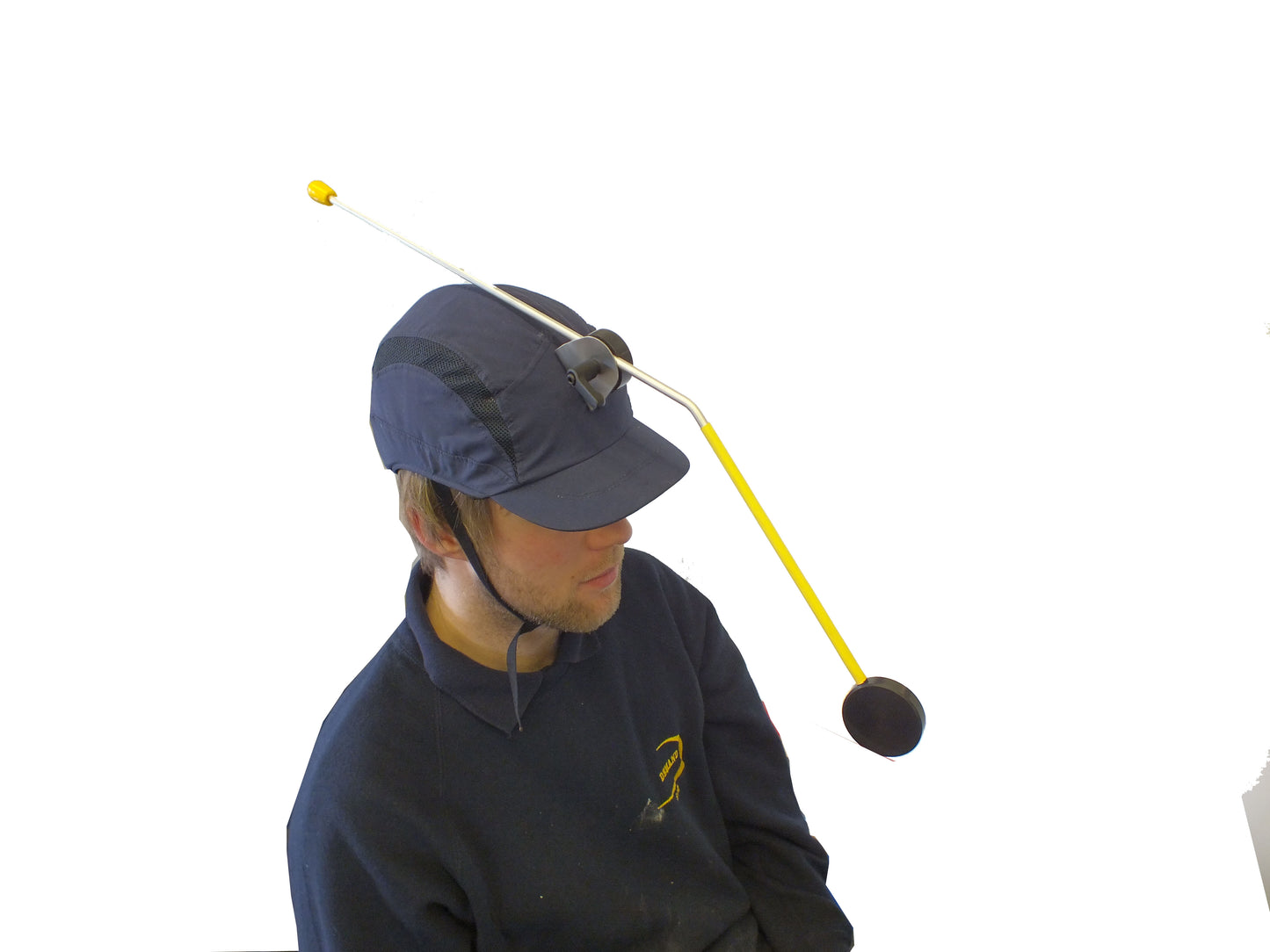 Boccia Headpointer being worn on head with chin strap