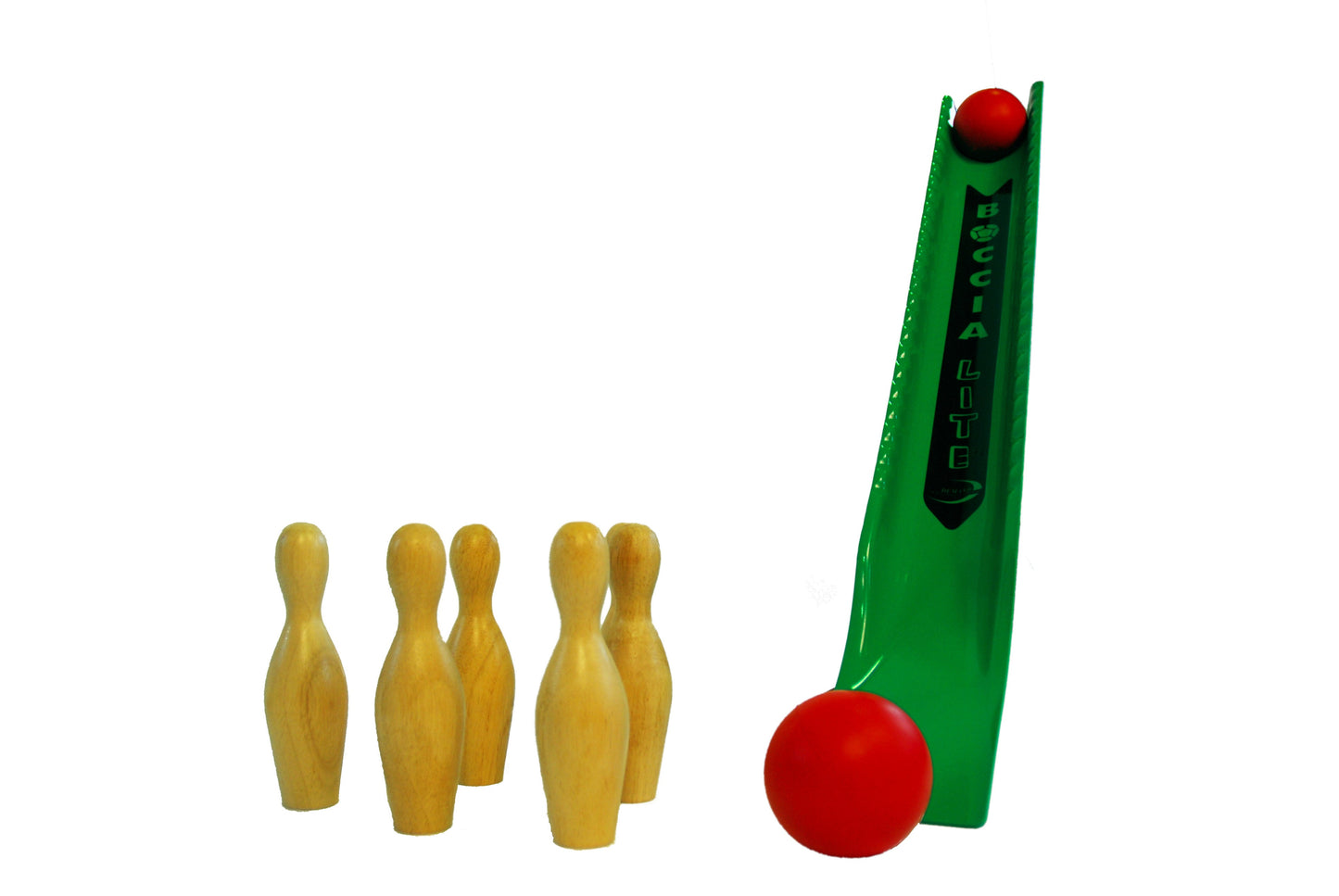 Boccla Lite skittles kit showing two balls and 6 wooden skittles