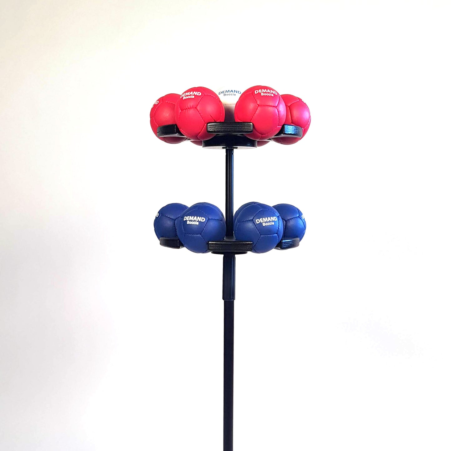 Close up side view of boccia ball stand with 13 balls at low height setting