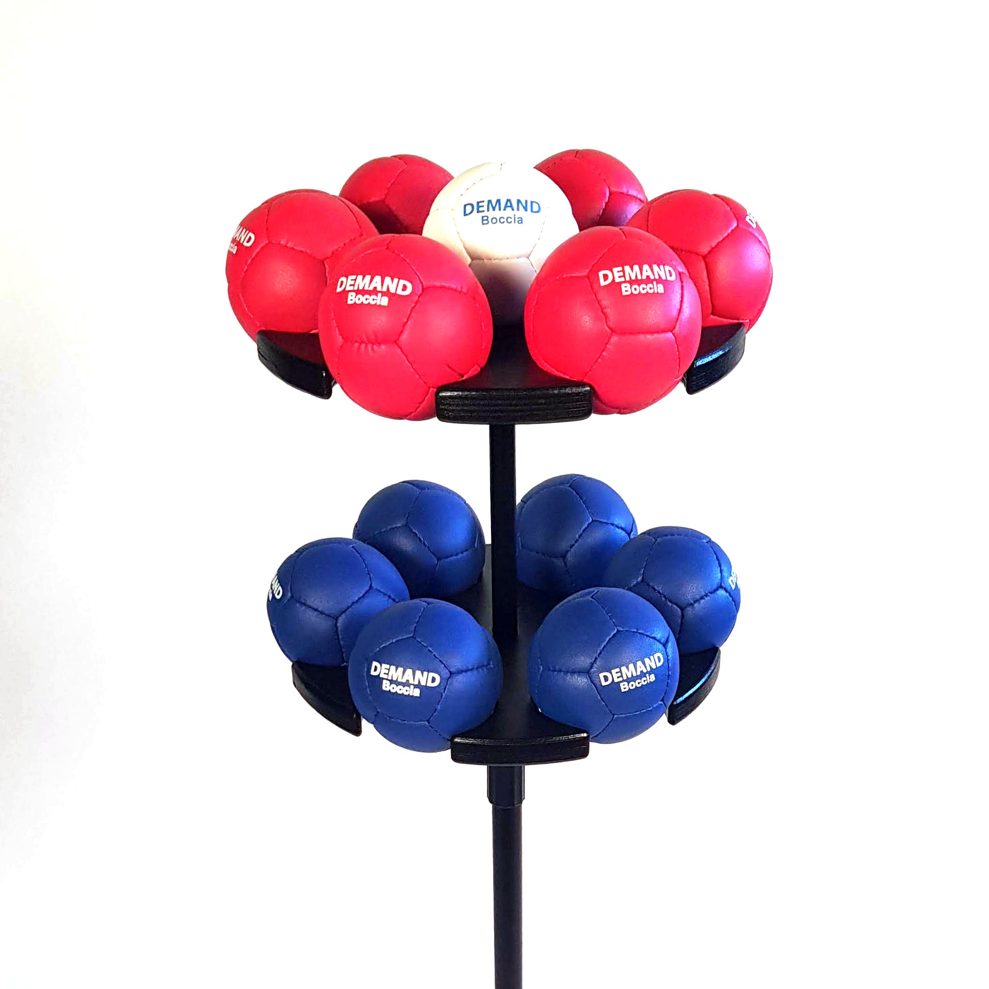 Close up view of DEMAND boccia ball stand with red blue and white boccia balls 