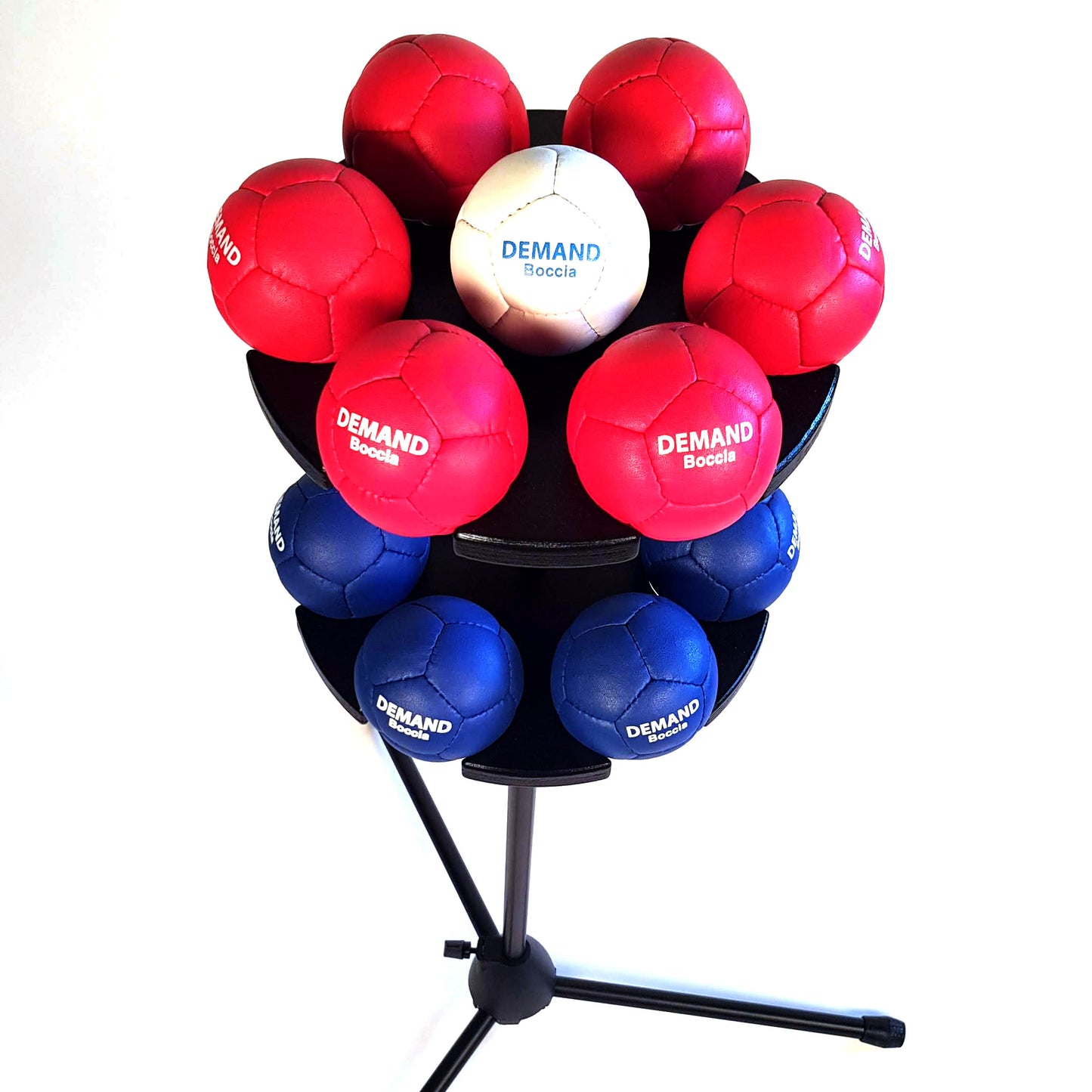 Close up view of boccia ball stand with 13 balls 