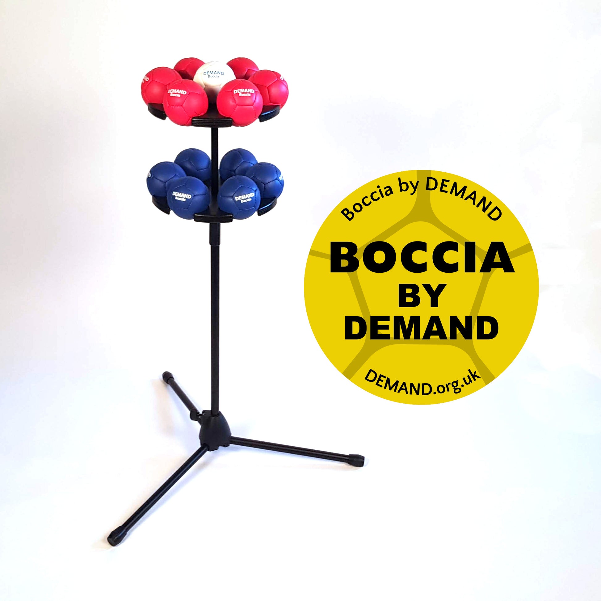 View of DEMAND Boccia ball stand with logo
