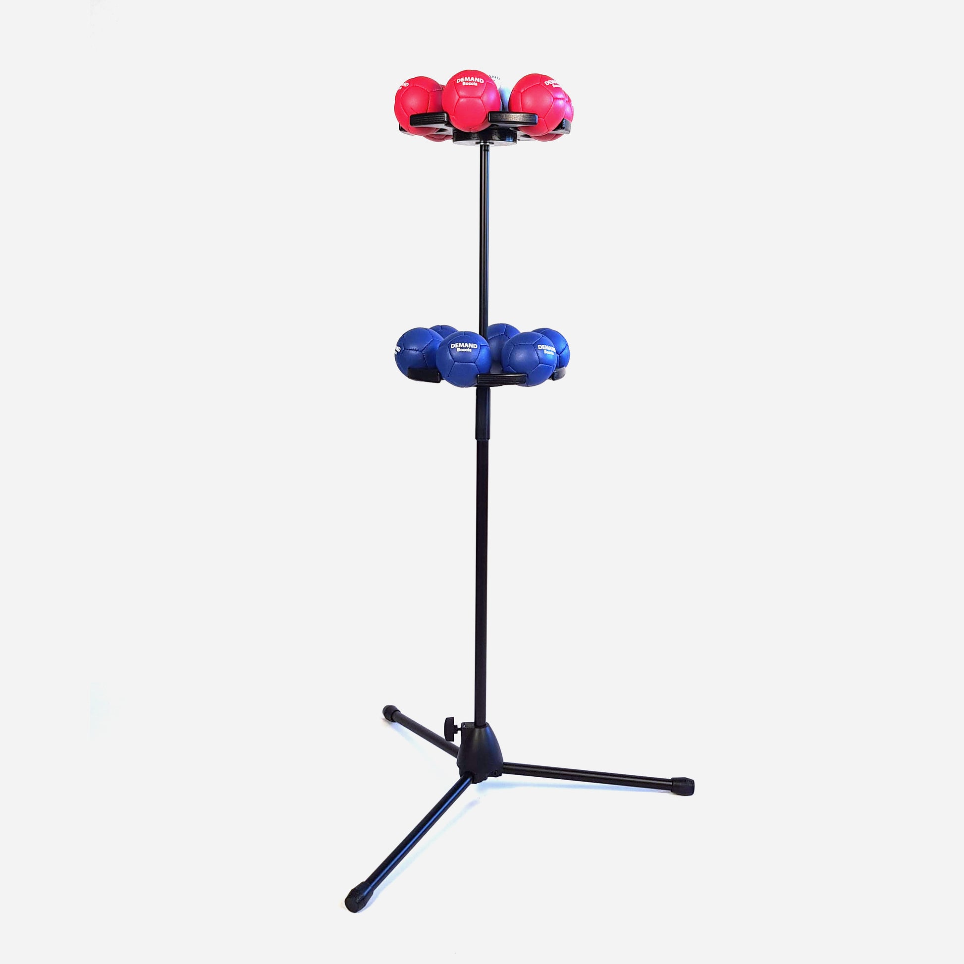 Side view of boccia ball stand with balls at highest extension setting