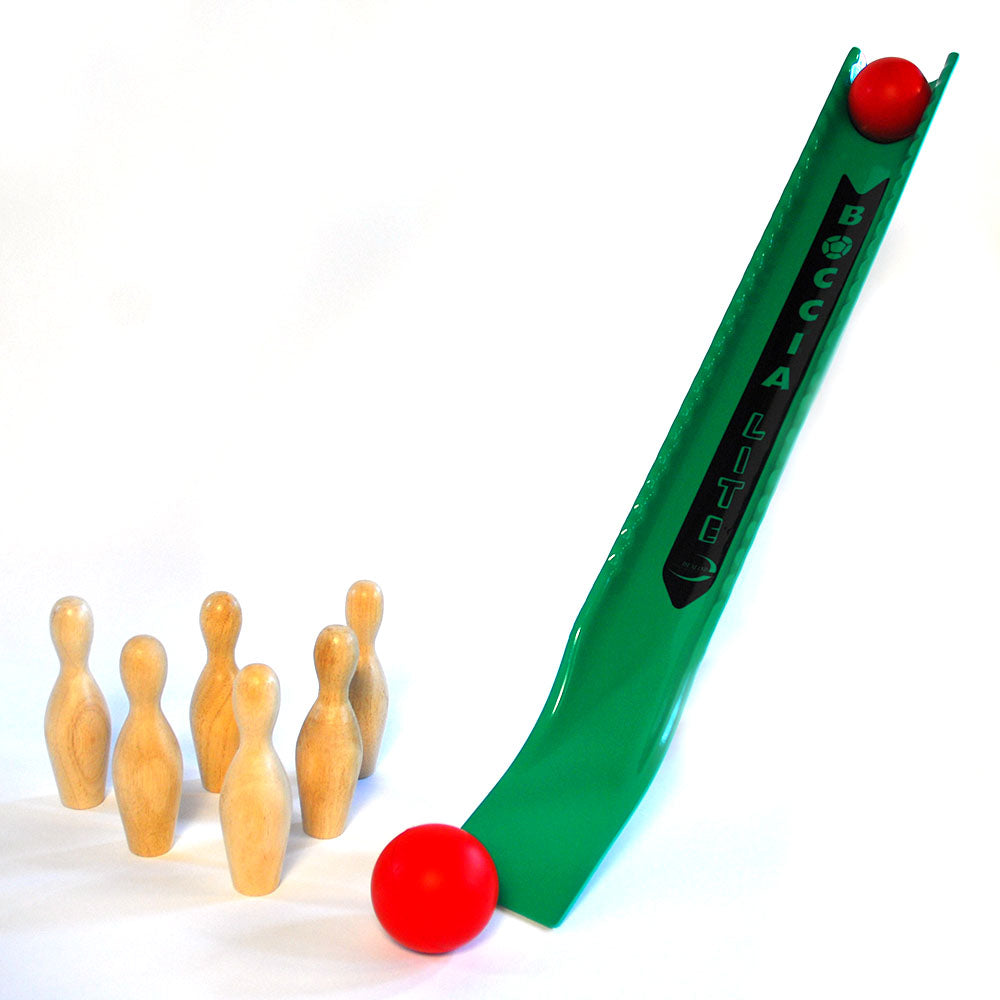 Boccla Lite skittles kit showing two balls and 6 wooden skittles